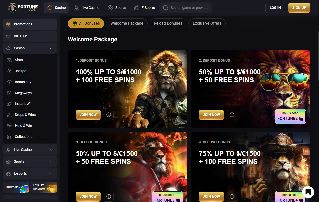 Fortuneplay Casino games library with 7,000+ slots, tables, and live options
