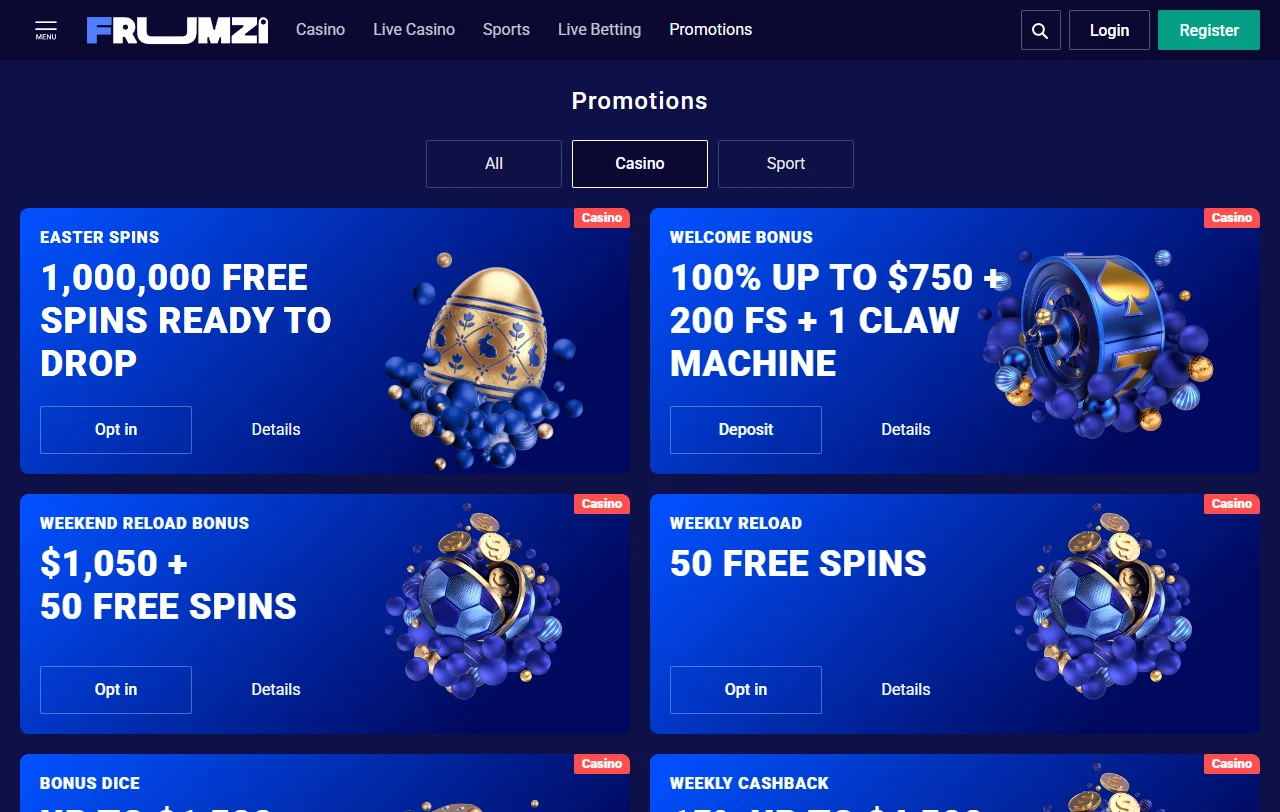 Frumzi Casino welcome bonuses and promotional terms overview