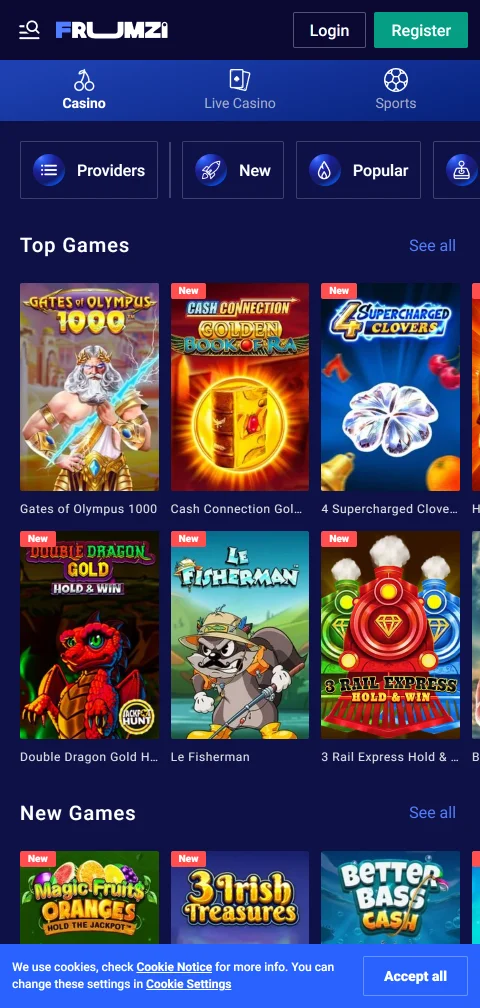 Frumzi Casino deposit and withdrawal methods for Canada