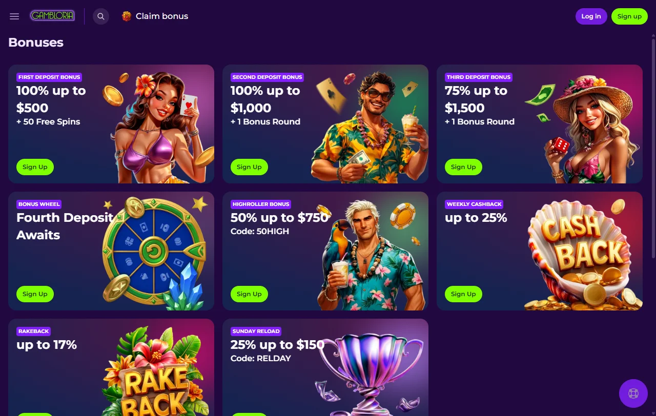 Gambloria Casino games overview showing slots, live tables, and 82 providers