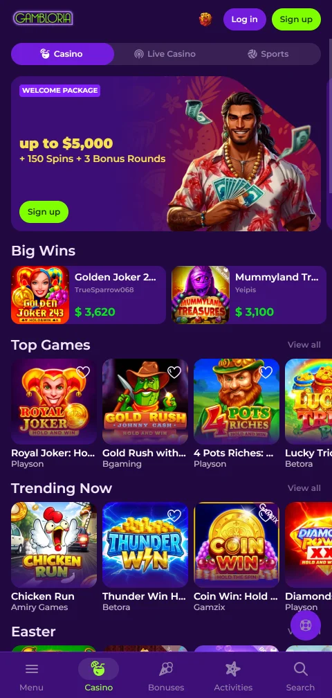 Gambloria Casino mobile browser experience on phones and tablets