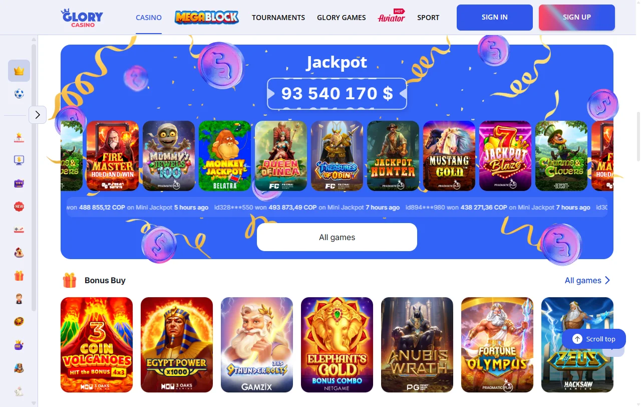 Glory Casino game selection with live tables and slot variety