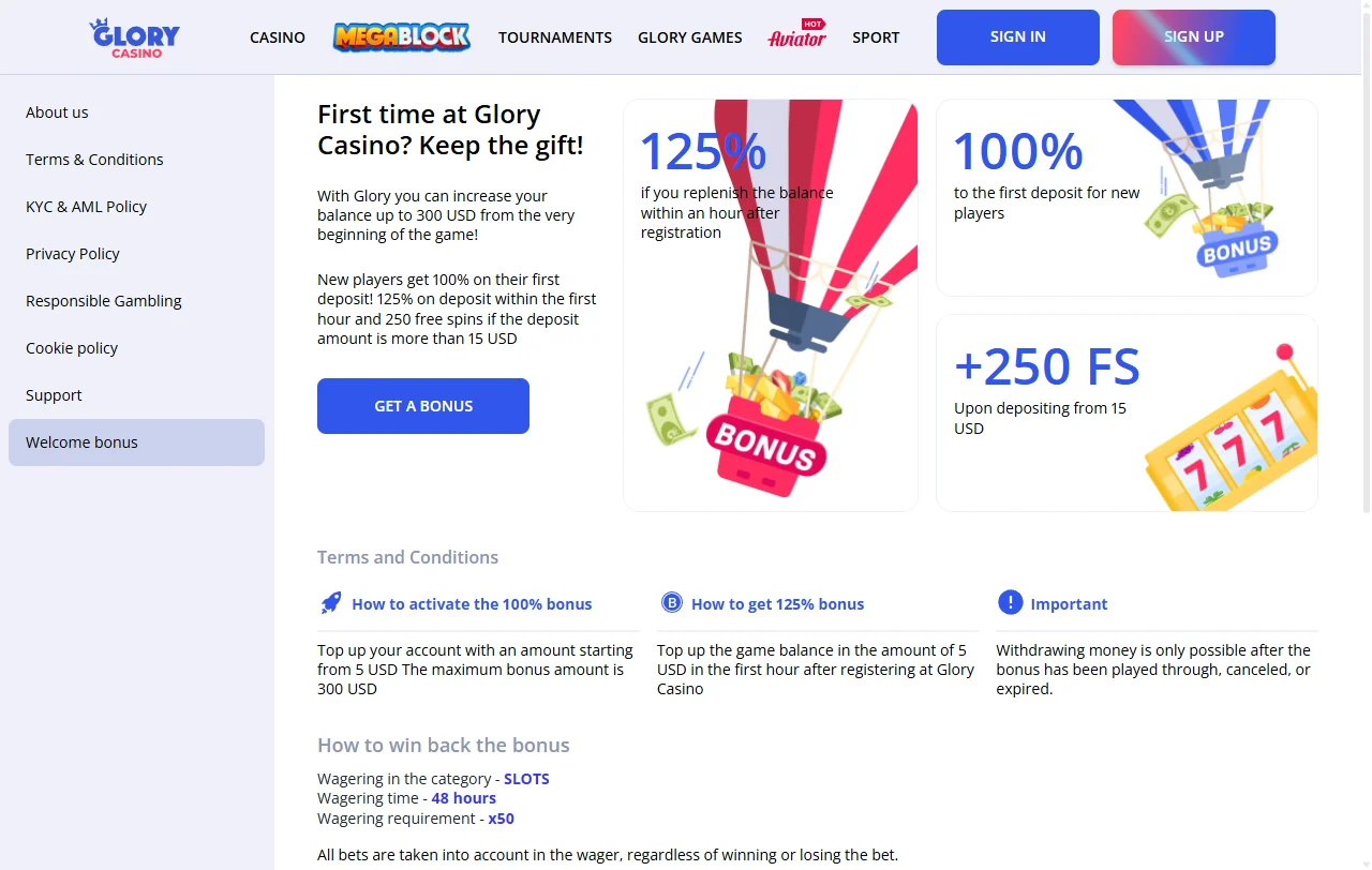 Glory Casino bonus overview with welcome offer and wagering terms