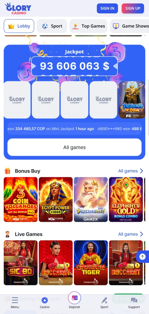 Glory Casino payment methods including deposits, withdrawals, and processing times