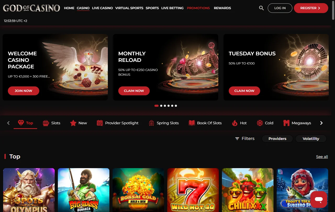 God of Casino game library overview with slots and live tables