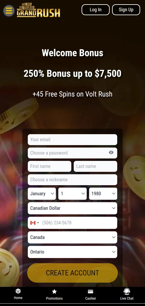 Grand Rush Casino mobile access and responsive play for Canada