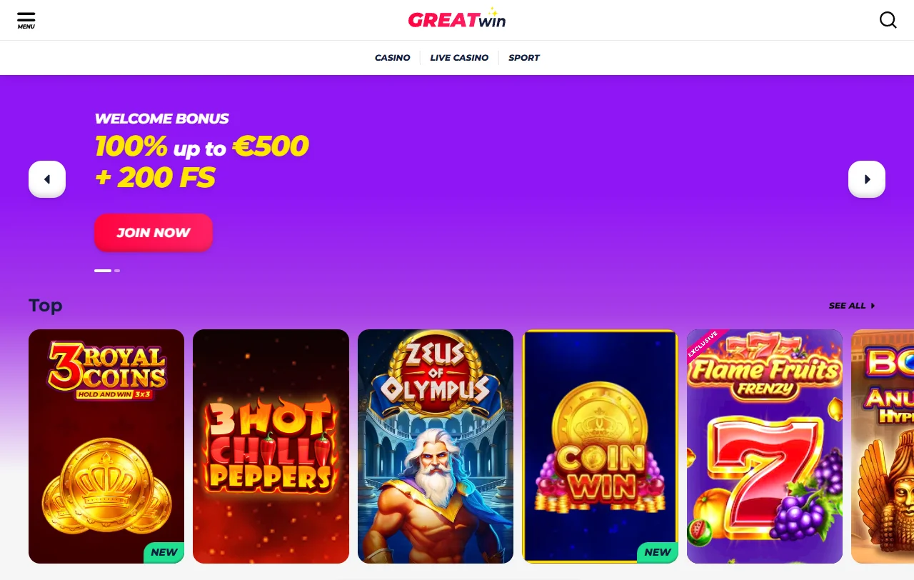 GreatWin Casino review covering games, payments and trust signals