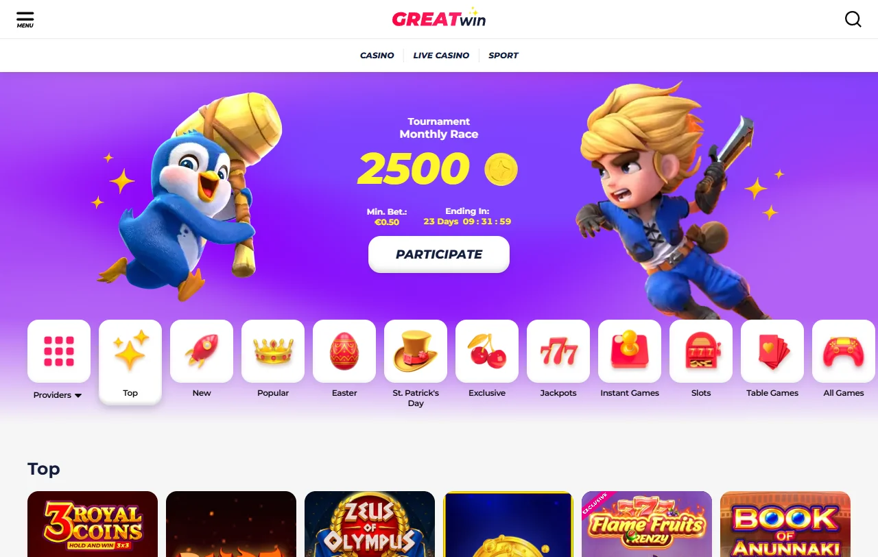GreatWin Casino slot library and live dealer selection overview