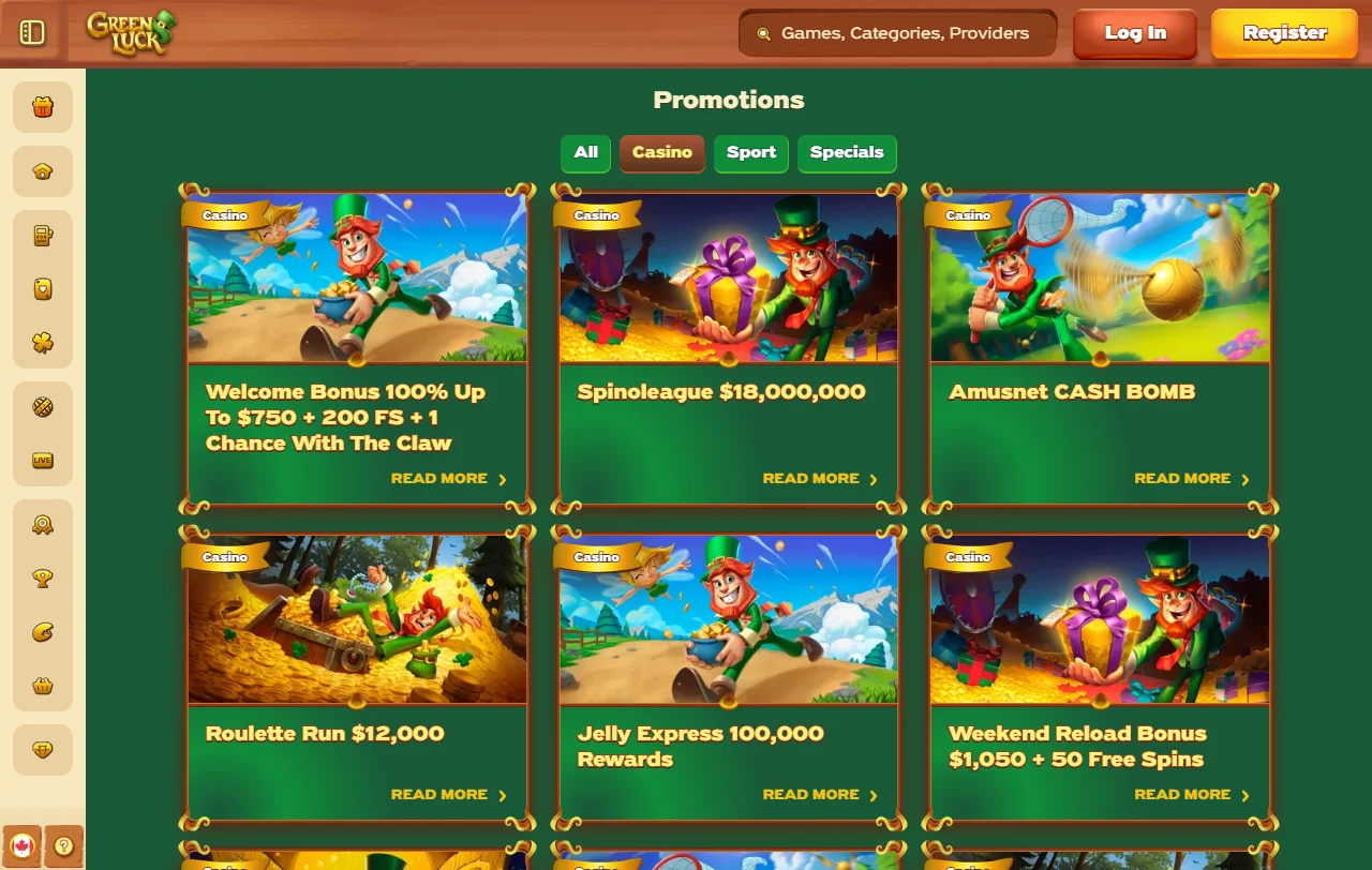 GreenLuck Casino game selection with slots, tables, and live dealer content