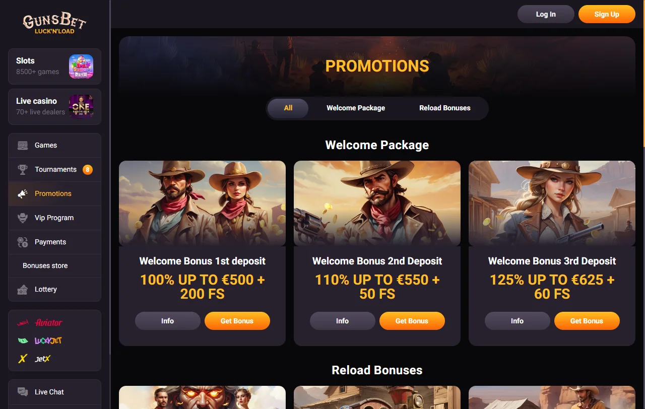 Gunsbet Casino bonuses and welcome offer details