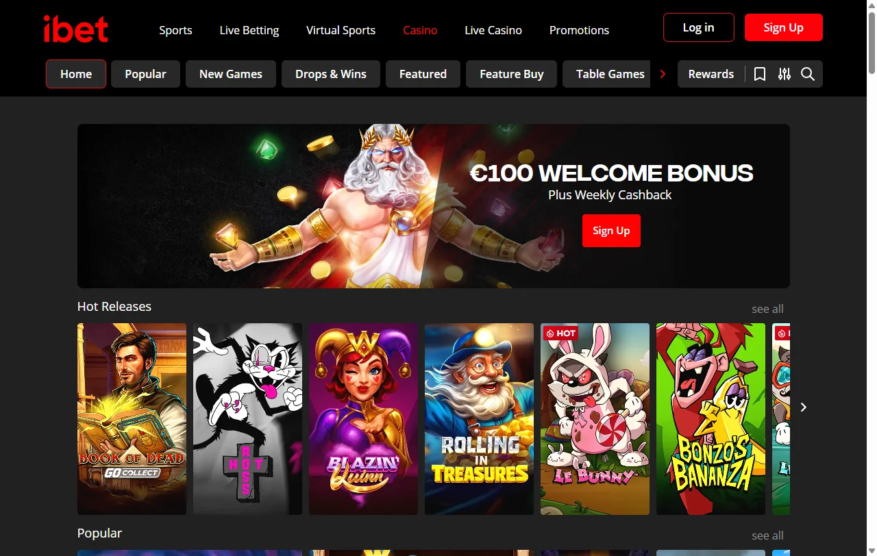 ibet Casino games library with slots, tables and live options
