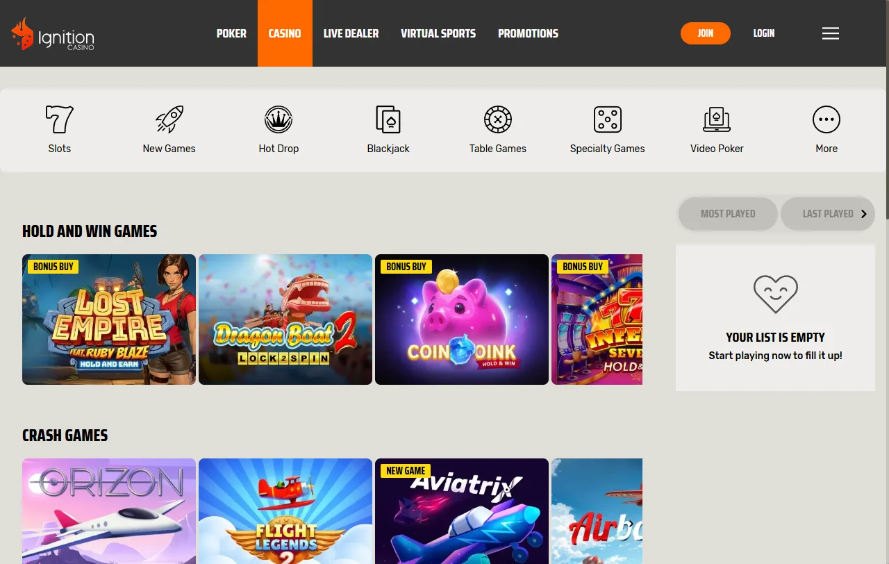 Ignition Casino game library and entertainment range overview