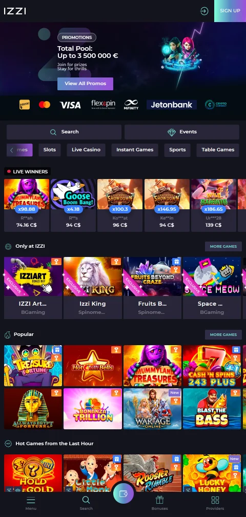 Izzi Casino mobile play with browser access for Canadian users