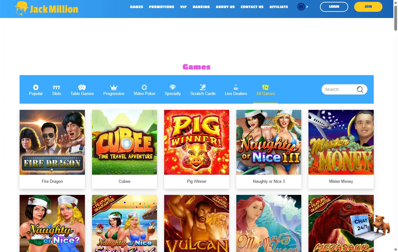 Jack Million Casino games overview with slots and live dealer variety