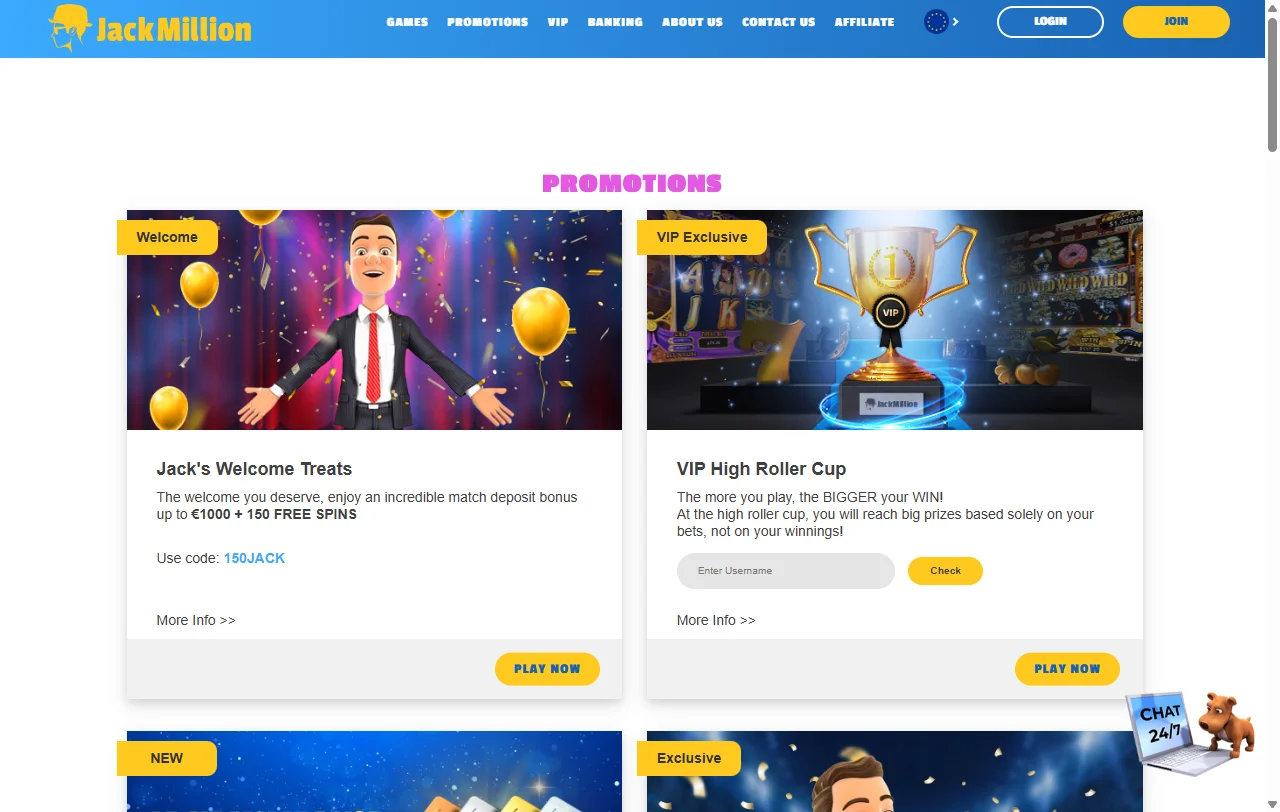 Jack Million Casino bonus details and welcome offer summary