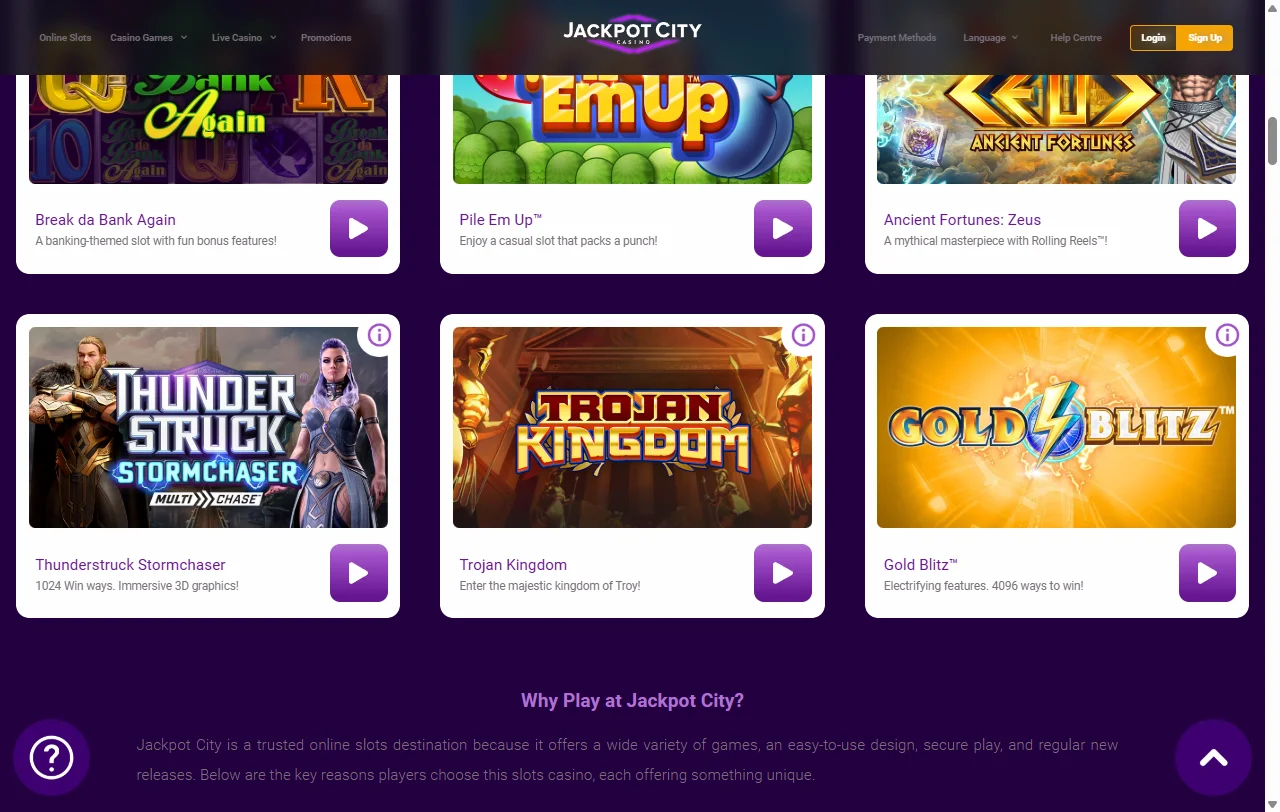Jackpot City Casino games and live entertainment overview