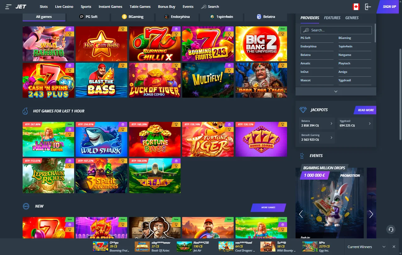 Jet Casino games and providers for slots, tables, and live play