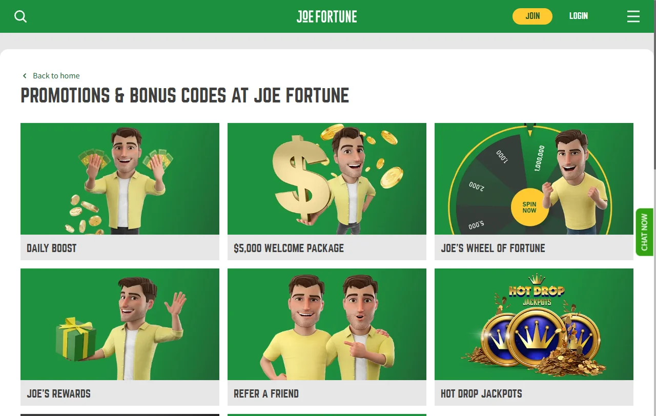 Joe Fortune Casino games overview with slots, live tables, and variety