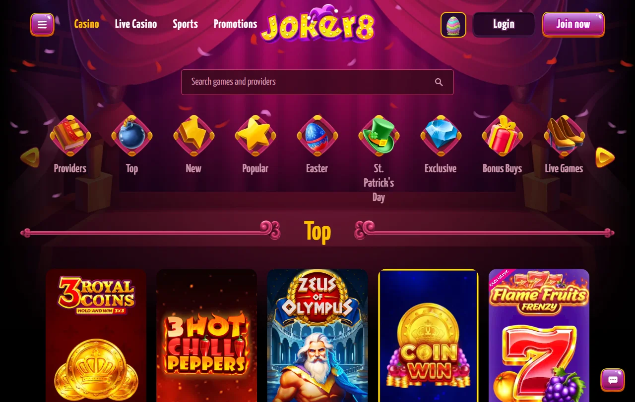 Joker8 Casino games library with slots and live tables