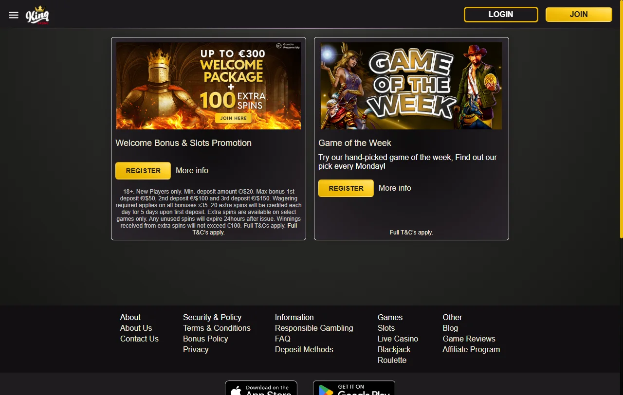 KING Casino bonus overview with welcome offer and wagering terms