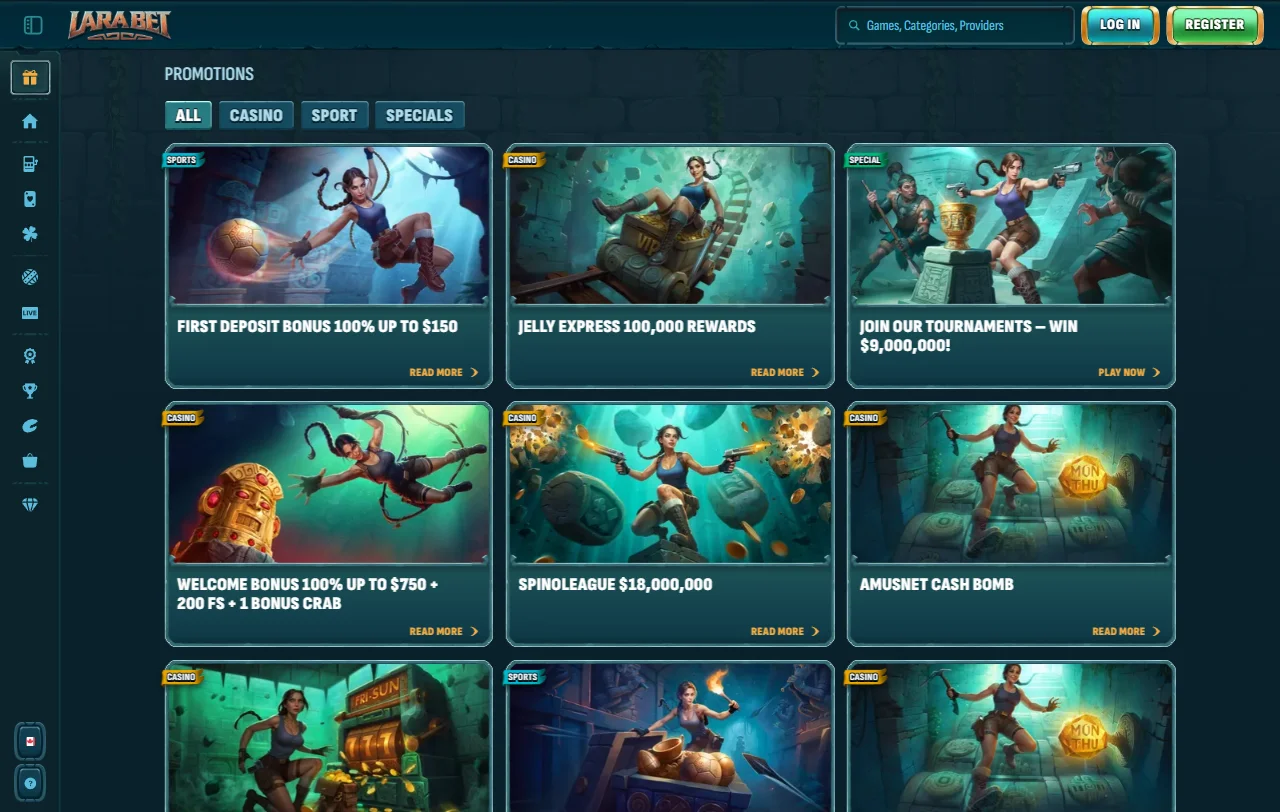 LaraBet Casino bonus overview with wagering and promo conditions