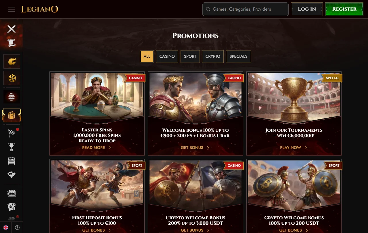 Legiano Casino slots and live games overview