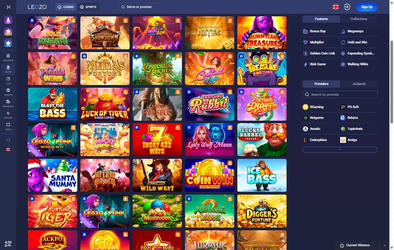 Legzo Casino slots and live dealer selection