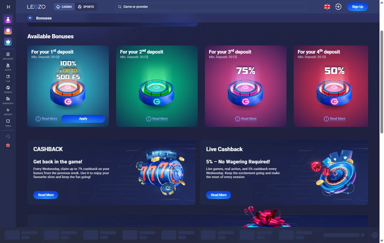 Legzo Casino welcome bonus and promotions overview