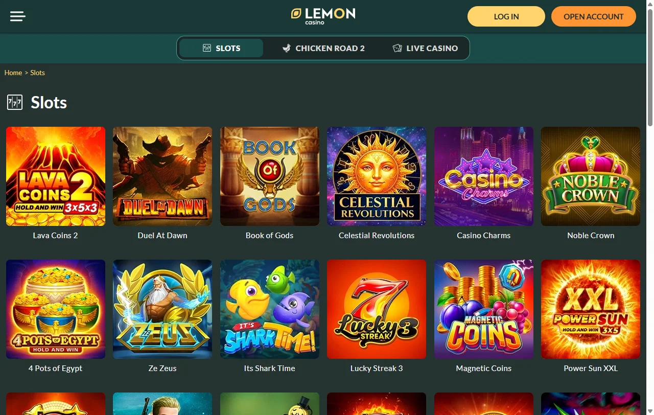 Lemon Casino games library with slots, tables, and live content
