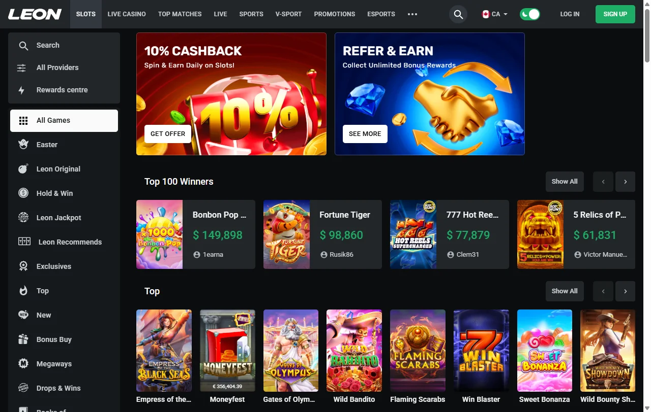 Leon Casino games library with slots, tables, and live options