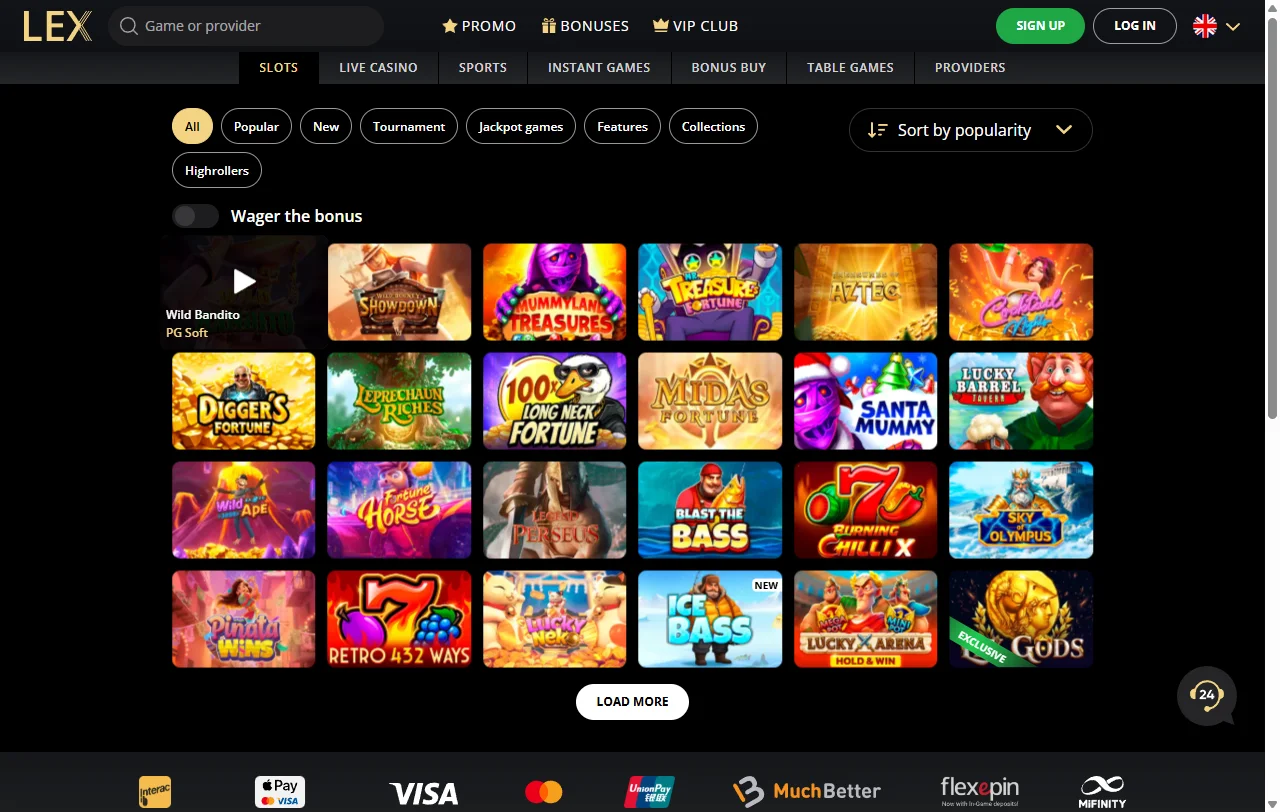 Lex Casino games library with slots and live dealer focus