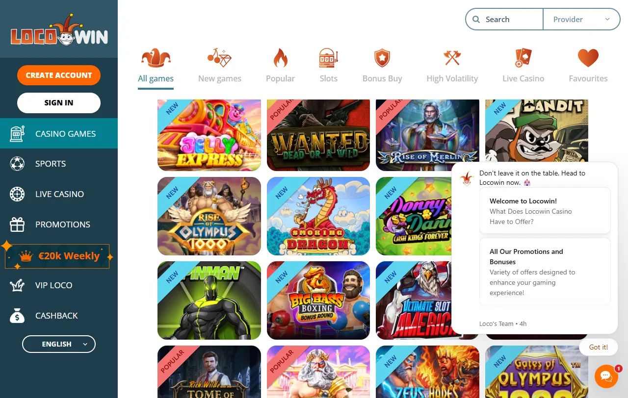 LocoWin Casino slots, tables, and live gaming overview