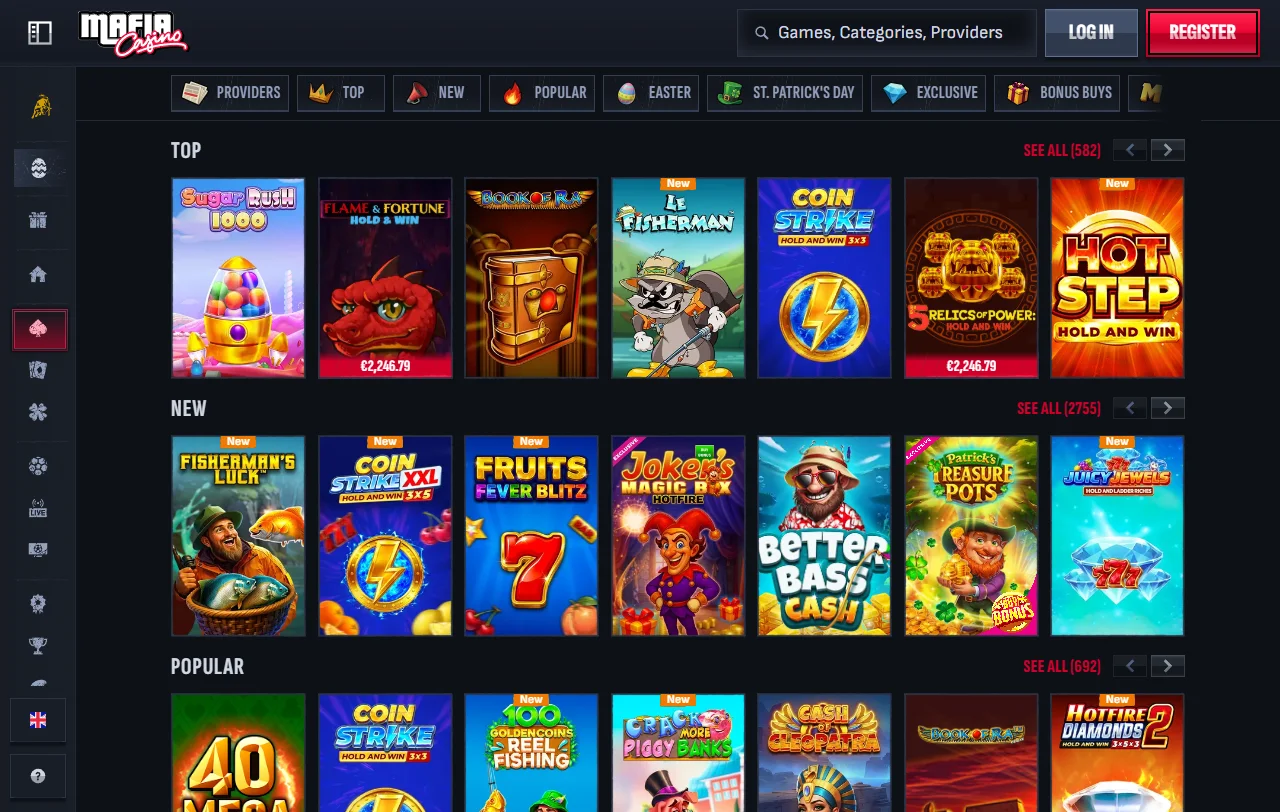Mafia Casino slots and live dealer game selection overview