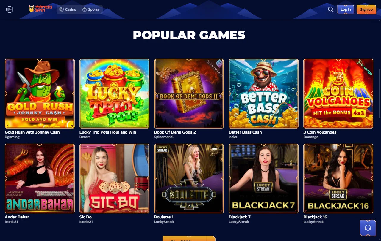 Manekispin Casino game selection and live dealer coverage