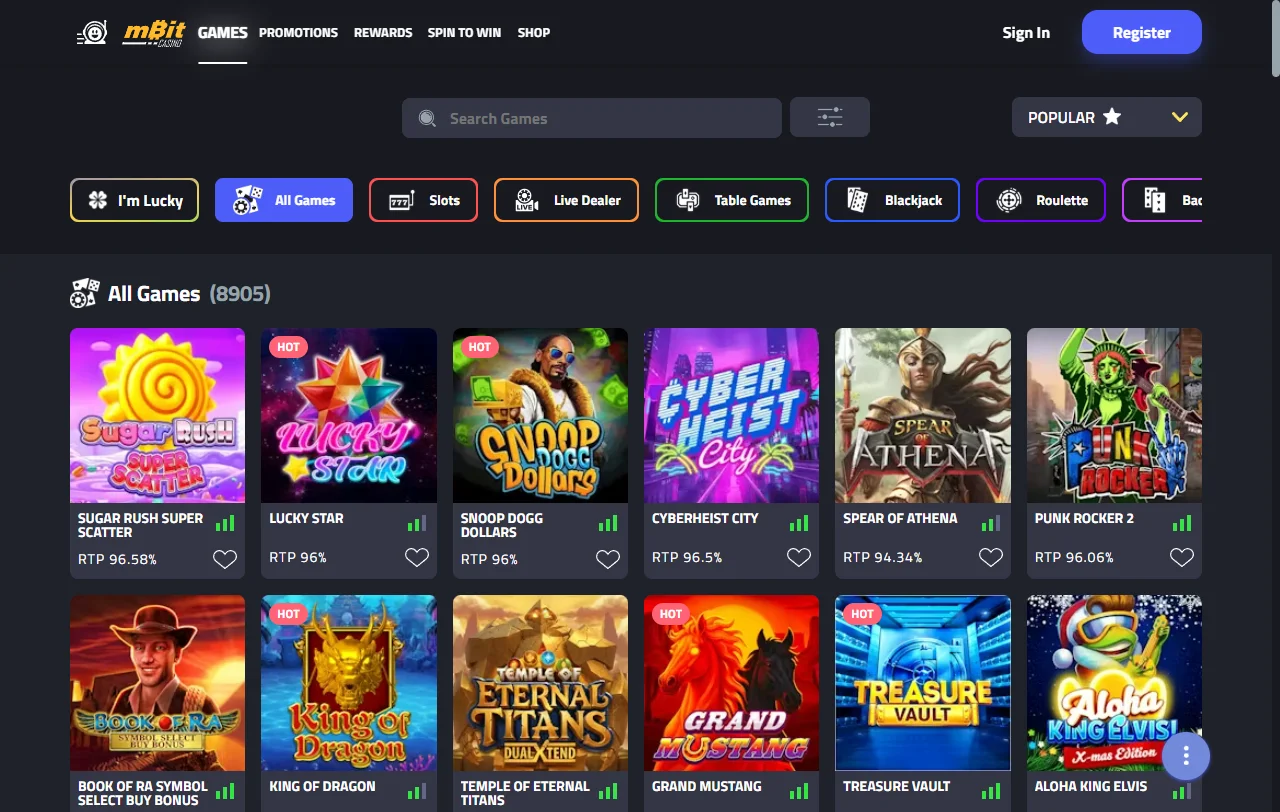 mBit Casino slots, live tables and provider selection overview