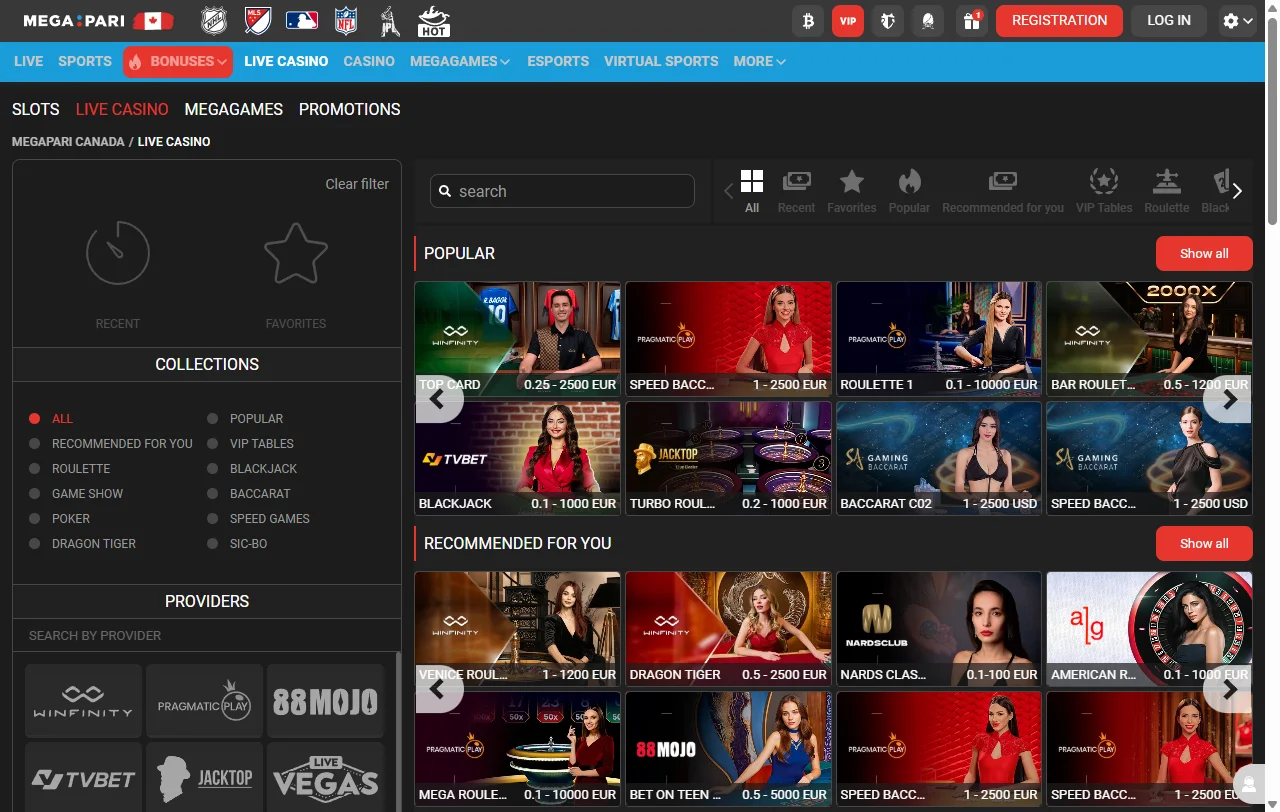 Megapari Casino slots, live tables and specialty games