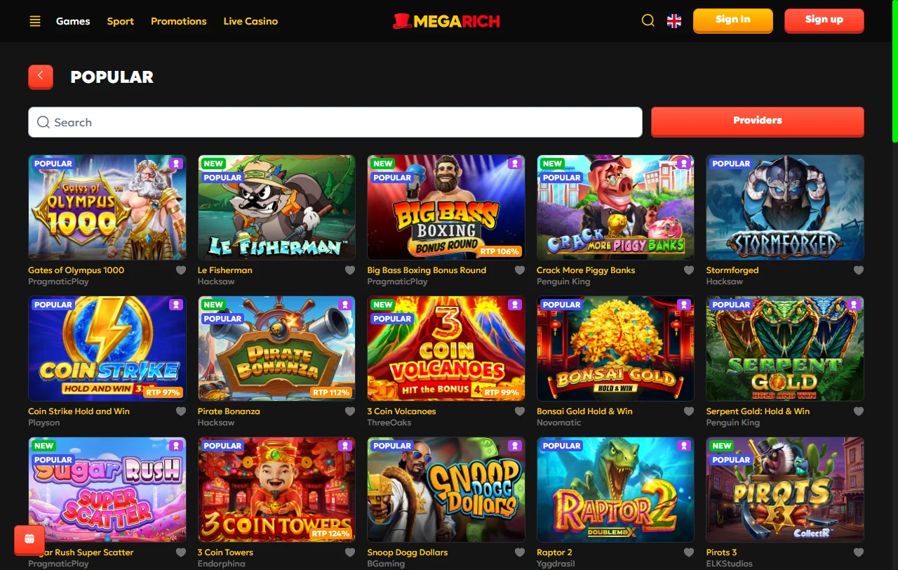 Megarich Casino games selection, slots variety and live dealer access