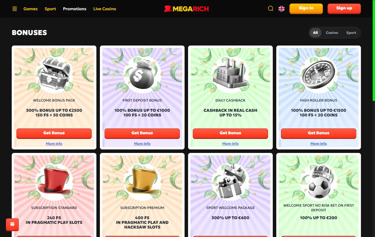 Megarich Casino bonus offers, promotions and welcome package details