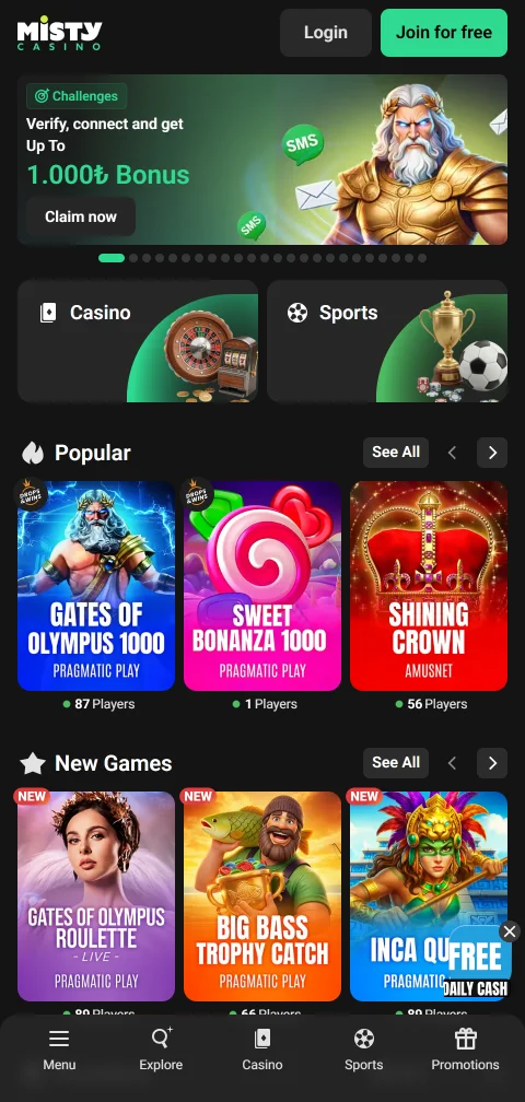 Misty Casino mobile gaming access on smartphones