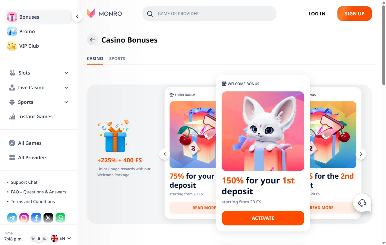 Monro Casino bonus terms and promotion details for readers
