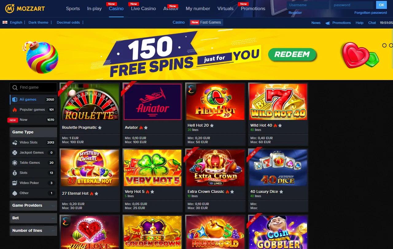 Mozzart Casino games overview with live tables and slots