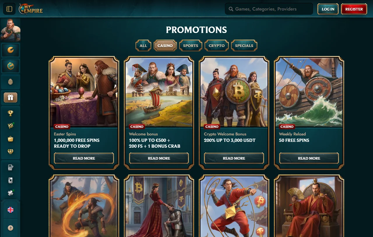 MyEmpire Casino game selection overview with slots and live options