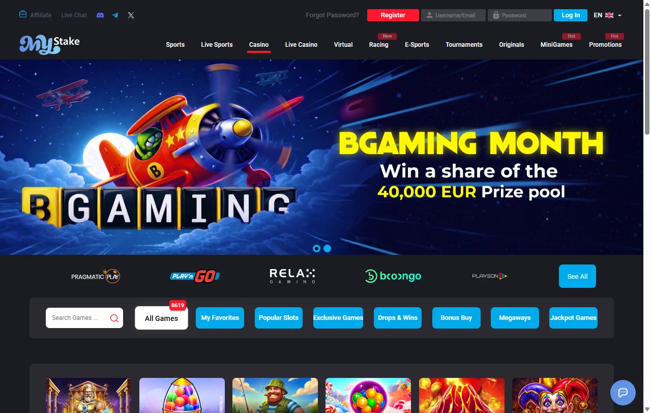 MyStake Casino slots and live dealer game variety