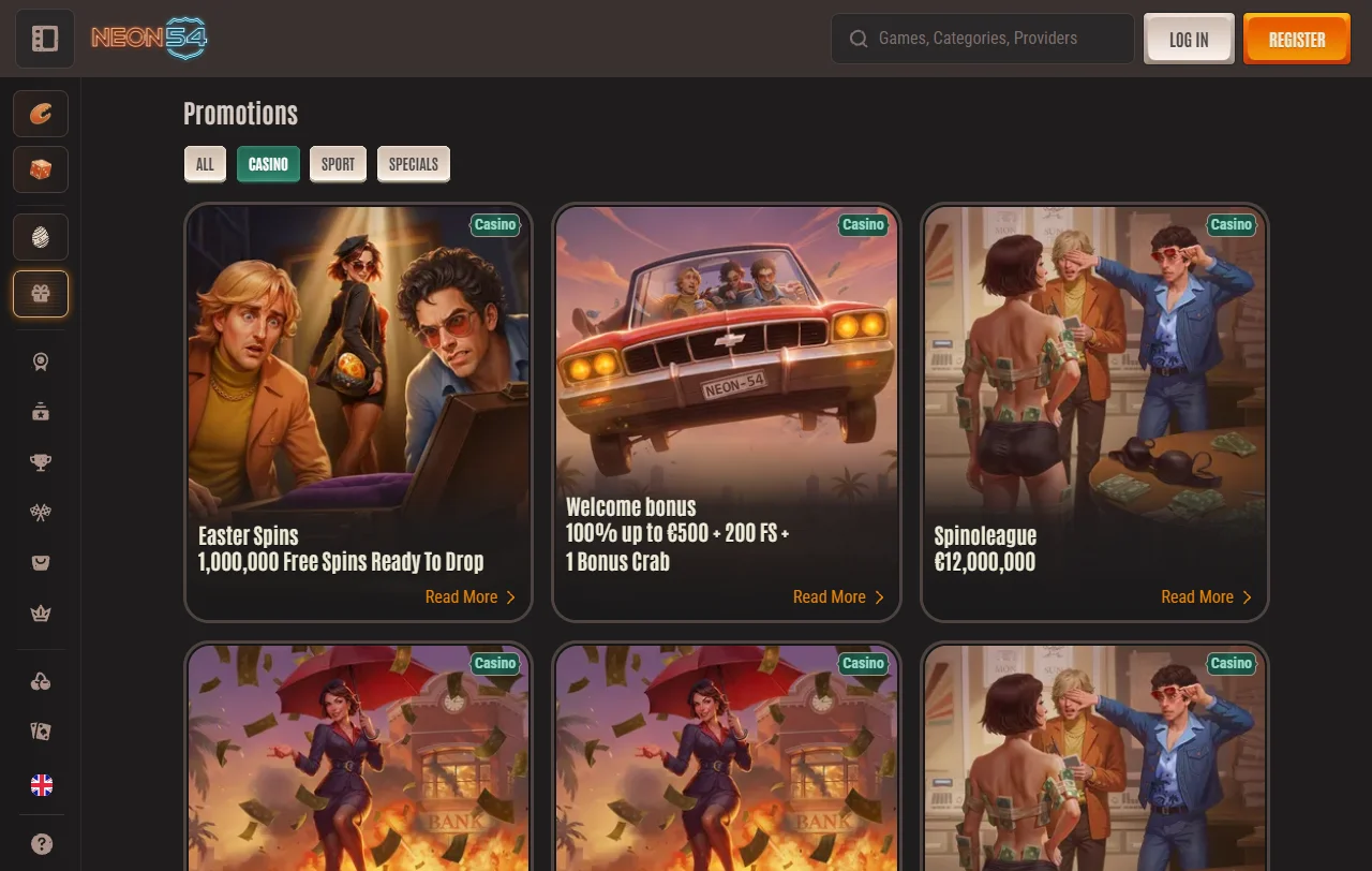 Neon54 Casino slots and live dealer library with 77-plus providers