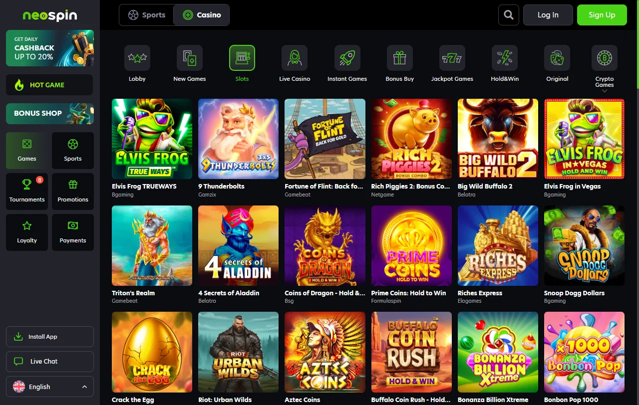 Neospin Casino games library with slots, tables, and live options