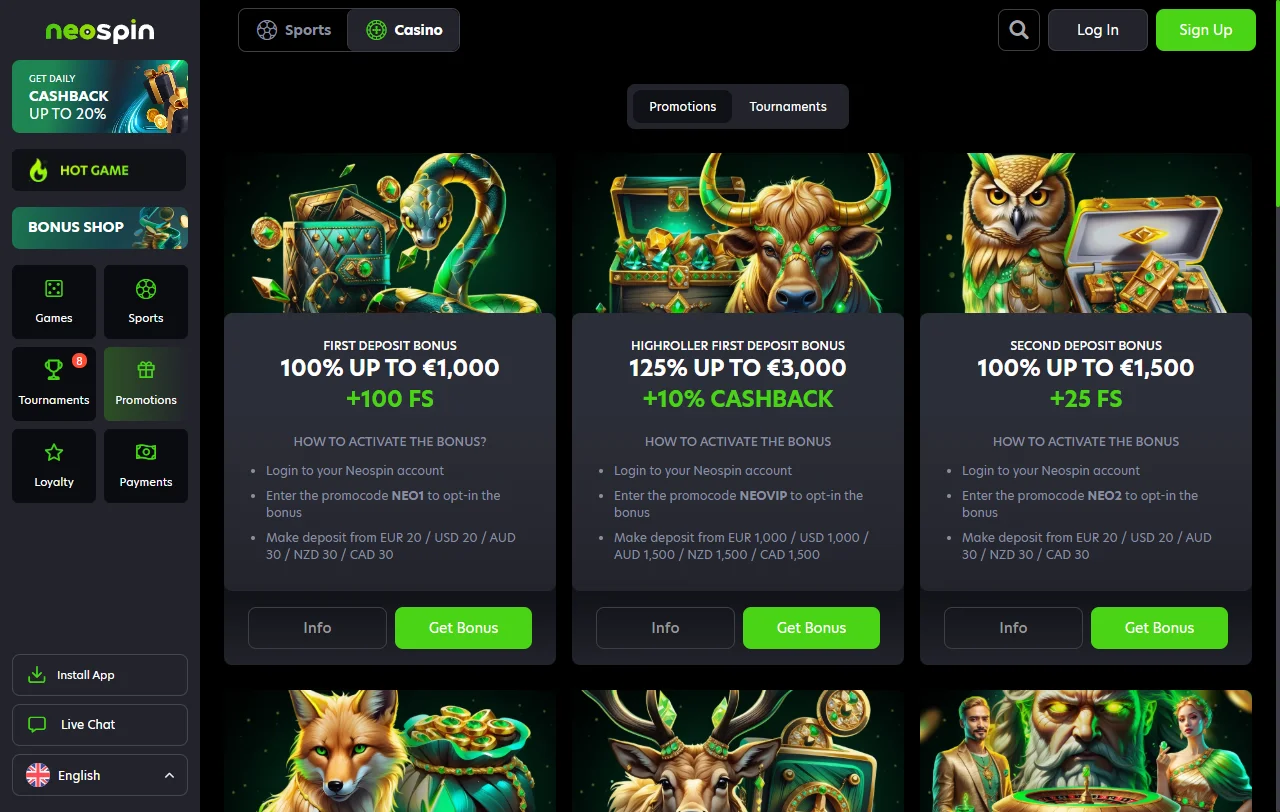 Neospin Casino bonuses overview with welcome terms and promotions