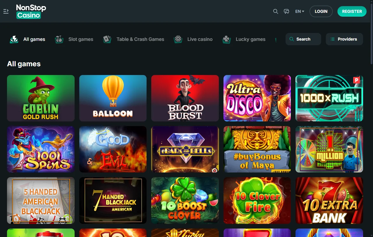 NonStop Casino games overview with slots, live tables, and provider mix