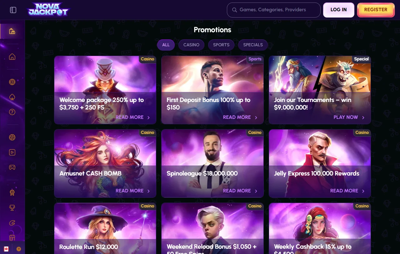 Novajackpot Casino game selection and live play overview for Canada