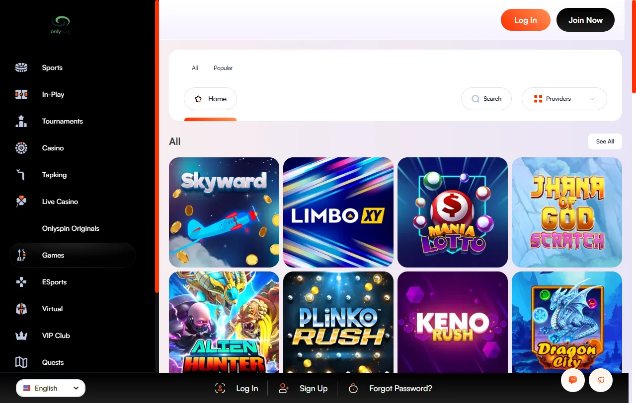 Onlyspin Casino slots, live dealer tables, and provider range