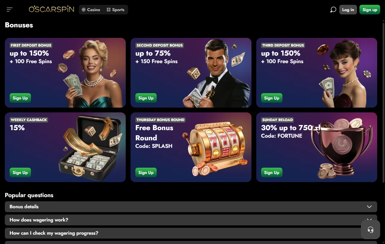 Oscarspin Casino bonuses, offers and welcome terms summary